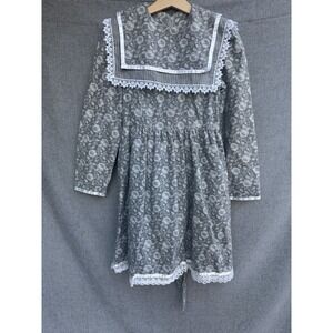 Vtg Gunne Sax Girls 8/10 Dress Jeunes Filles Prairie Cottage Gray Lace Floral